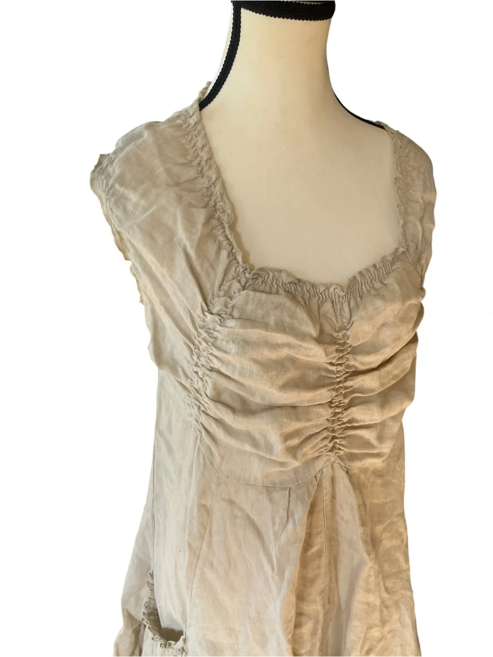 NYLL Italia 100% Linen Parachute Dress Flax Size M Ruched Boho Lagenlook Casual